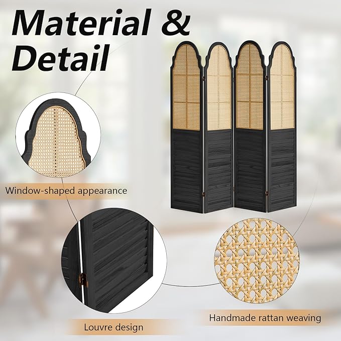 4 Panel Rattan Room Divider Panel, 5.6Ft Partitions and Dividers, Louvered Partition Divider, Room Dividers Screen, Solid Wood Frame, Folding Screen, Bedroom, Family Room, Black