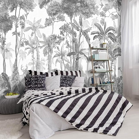 -Grey Jungle Botanical Animal Banana Leaf Fabric Wallpaper Living Room Tropical Plant Forest Leaf Wallpaper Bedroom Bathroom Large Wall Mural- 183"x120"（ not Peel and Stick）