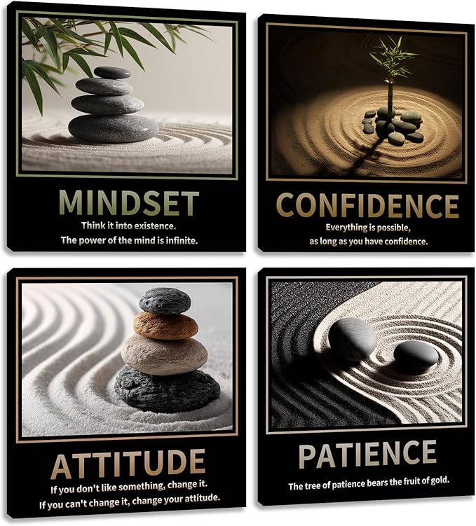 Kuiluuye Motivational Wall Decor Inspirational Zen Canvas Wall Art for Living Room Zen Stone Green Plant Picture for Office Workplace Painting Poster Artwork