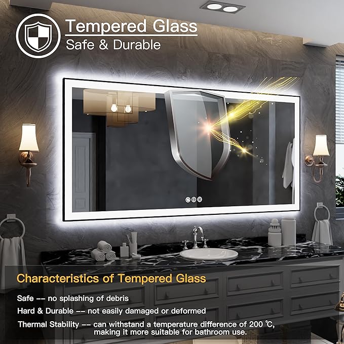 LED Bathroom Mirror 60x28 with Backlit and Front Lighted, Framed Dimmable Illuminated Mirror for Wall Anti-Fog Shatterproof (Horizontal/Vertical)