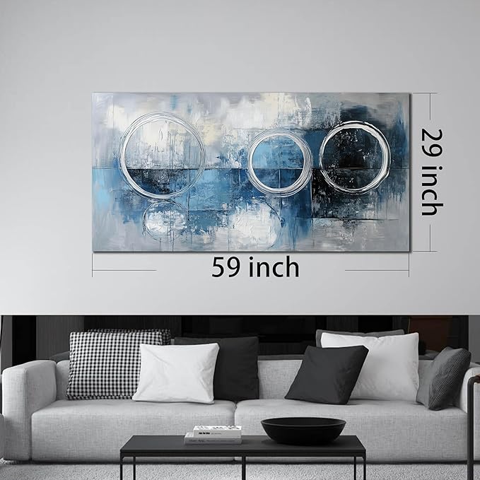 AOZEMI Blue Wall Decor for Living Room Office Abstract Canvas Wall Art Large Modern Picture Artwork Grey and White Circle Art 29" x 59"