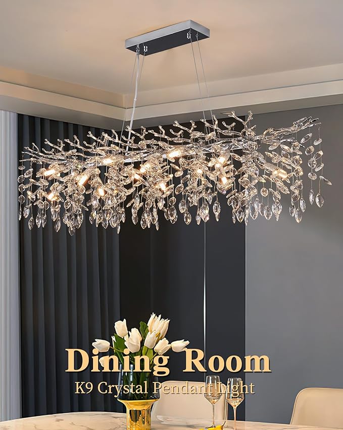 Modern Tree Branch Crystal Chandelier Luxury Silver Crystal Pendant Lighting 47.2" Contemporary 14-Light Chandeliers for Dining Room Kitchen Bedroom Living Room