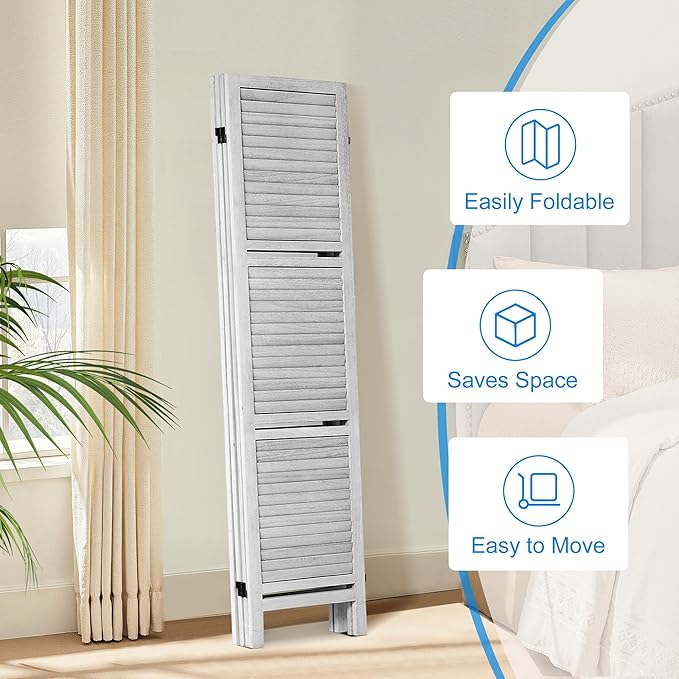 4 Panel Room Divider 5.6FT Louvered Design Room Dividers with Display Shelves Folding Privacy Screens Portable Freestanding Partition Wall Dividers for Bedroom & Office, Retro White