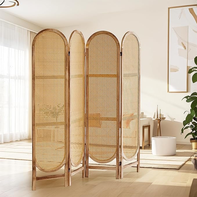 4 Panels Room Dividers and Hand-Woven Rattan Room Divider Wall, Wood Room Divider Folding Privacy Screens for Home Office Bedroom, Light Brown