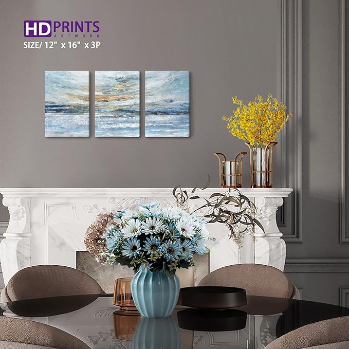 Abstract Canvas Wall Art for Bedroom 3 Piece Ocean Painting Coastal Theme Artwork Blue and Yellow Sunset & Sunrise on the Beach Seascape Picture for Bathroom Living Room Light 12x16inchx3 panel