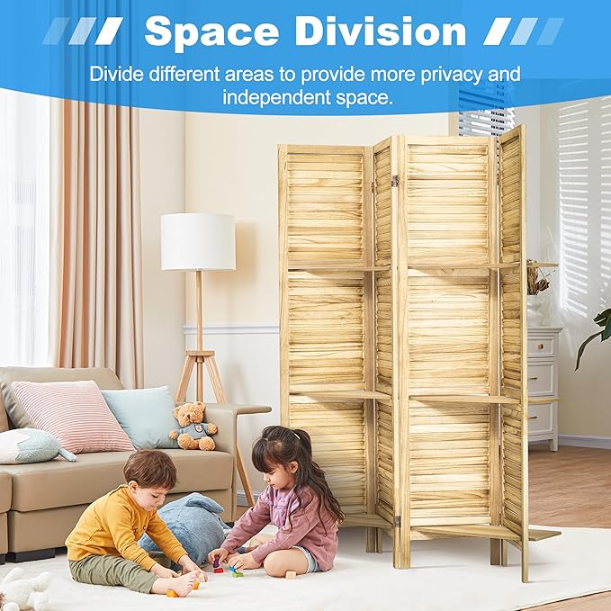 4 Panel Room Divider 5.6FT Louvered Design Room Dividers with Display Shelves Folding Privacy Screens Portable Freestanding Partition Wall Dividers for Bedroom & Office, Natural Wood