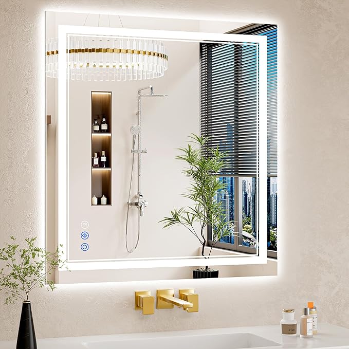 30"x32" LED Bathroom Mirror with Lights, Anti-Fog, Backlit + Front Lit, Dimmable, Led Vanity Mirror for Wall, Lighted Bathroom Mirror, 3 Colors, Shatter-Proof Tempered Glass