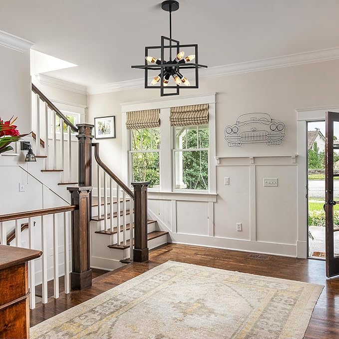 Modern Black Farmhouse Chandeliers,Small 8 Lights/E12 Geometric Pendant Light Adjustable Metal Hanging Lights for Dining Room,Kitchen Island,Foyer,Entryway,Hallway