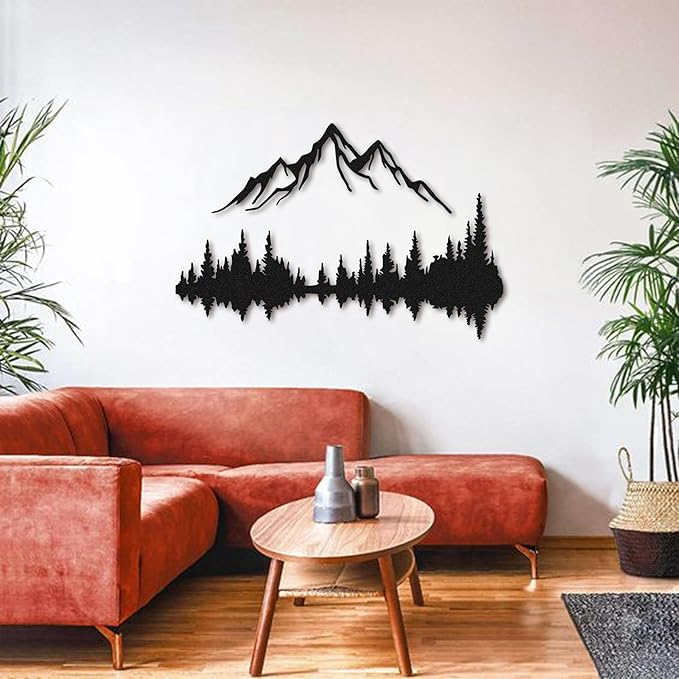 Metal Wall Art | Mountain & Forest Wall Sculptures | Rustic & Modern Wall Decor for Living Room, Home, Bedroom, Office, Kitchen & Outdoor (Black, 38.58'' x 25.72'' IN)