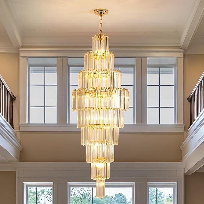 Luxury Modern Staircase Crystal Chandeliers Long 9-Tier Large Foyer Entrance Chandeliers for High Ceiling Light Fixture for Stairse Entryway Dia 23.7" - 20 Lights Gold