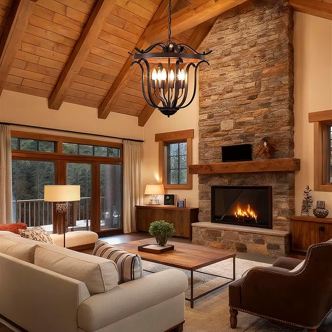 20" Large Farmhouse Chandelier for High Ceiling, 6 Light Vintage Cage Pendant Light Fixture Black Chandeliers for Living Room Staircase Entryway Kitchen