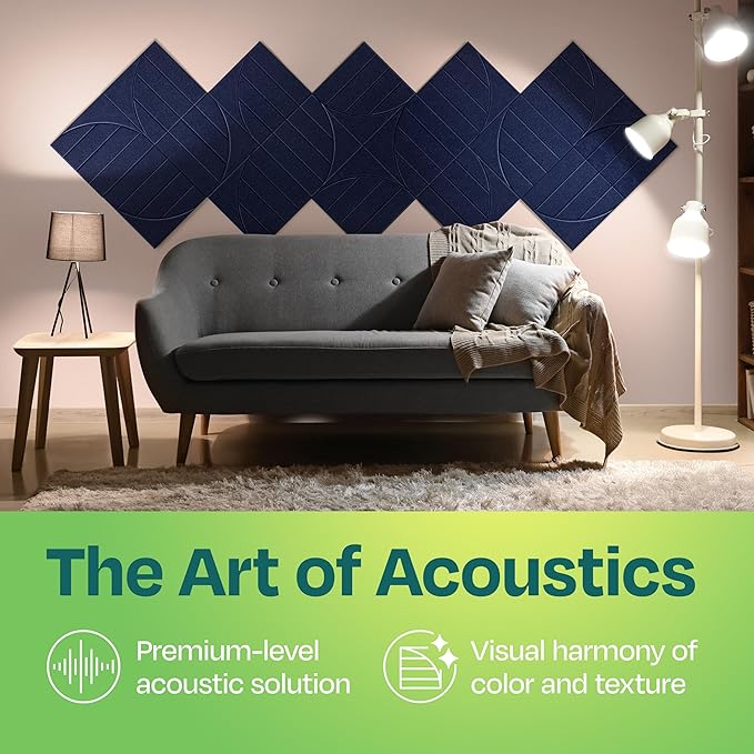 Acoustic Panels 12-Pack Soundproof Wall Panels 12"x12"x0.4" Decorative Sound Dampening for Your Home, Office, Studio, Bedroom & More with Unique ModuArc Carving [Denim Blue]