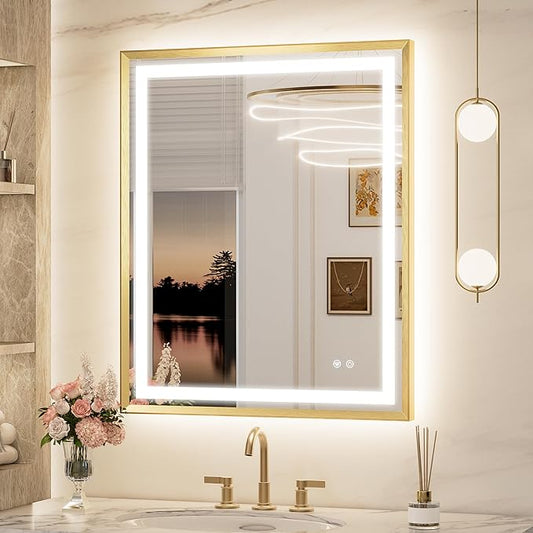 Keonjinn 30 x 36 Inch Gold Bathroom LED Mirror, Front & Back Lighted Bathroom Mirror for Vanity, Tempered Glass, UL Listed LED Driver, Aluminium Alloy Beveled Frame, 3 Color Lights, Anit-fog, Dimmable