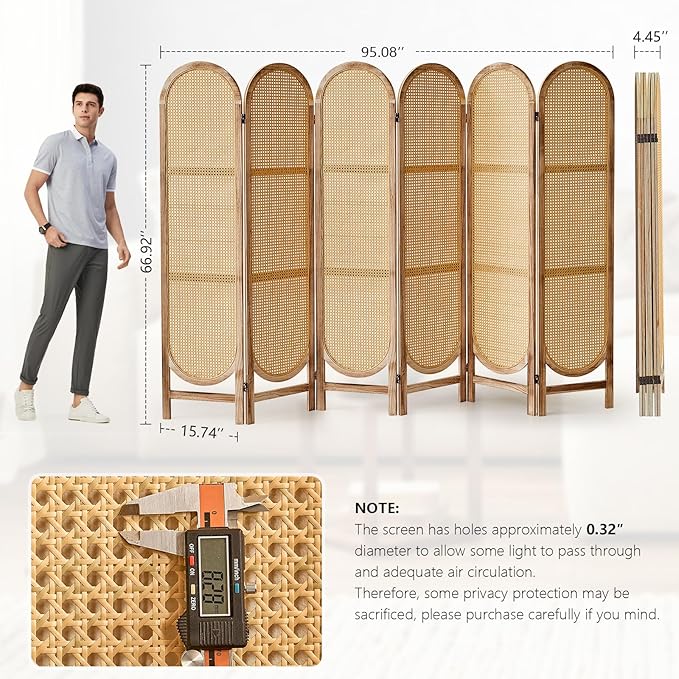 6 Panels Room Divider, Foldable Wooden Room Divider, Individual Privacy Screen Made of Hand-Woven Rattan, Portable Wall Divider for Home Office Bedroom Bathroom Dressing Room (Natural)