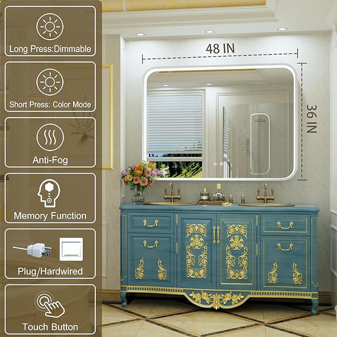 48x36 Inch Silver LED Bathroom Mirror with Lights, Adjustable 3000K/4500K/6000K, Framed Lighted Bathroom Vanity Mirrors for Wall, Anti-Fog, Stepless Dimmable, Memory, Horizontal/Vertical