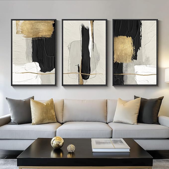 Large Framed Black and White Abstract Wall Art, 3 Piece Modern Canvas Prints Paintings Artwork for Walls, Minimalist Black Beige Gold Pictures for LIving Room Bedroom Office Wall Decor Total 30x60 In