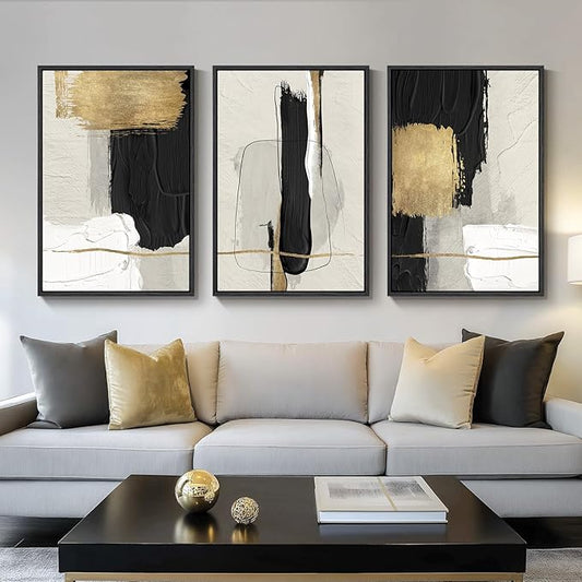 Large Framed Black and White Abstract Wall Art, 3 Piece Modern Canvas Prints Paintings Artwork for Walls, Minimalist Black Beige Gold Pictures for LIving Room Bedroom Office Wall Decor Total 30x60 In