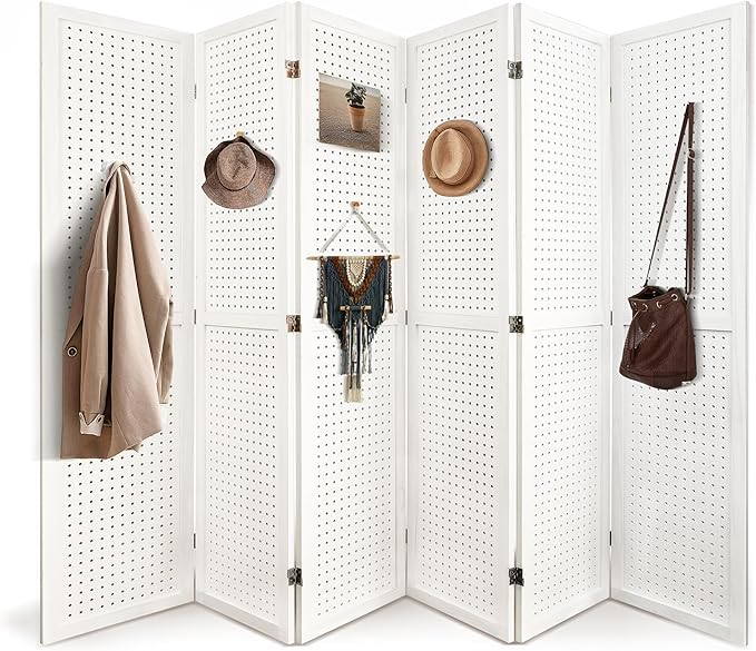 6 Panel Room Divider with Pegboard Display 5.6FT Wood PegBoard Room Dividers, Folding Privacy Screens Portable Freestanding Partition Wall Divider for Art Shows & Room Separation, White