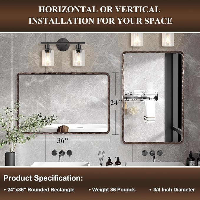 ANDY STAR Hand-Forged Bronze Bathroom Mirror for Wall, 24x36 Inch Vintage Solid Steel Metal Frame Bathroom Vanity Mirror, Antique Rounded Rectangle Wall Mirror, Hangs Horizontally or Vertically