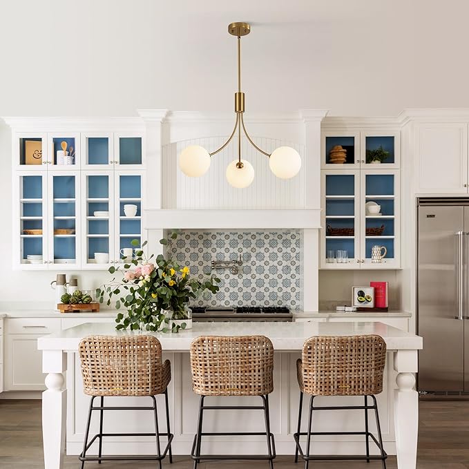 3-Light Modern Farmhouse Gold Chandeliers for Dining Room, Mid Century Pendant Lights Kitchen Island, Globe Sputnik Chandelier for Entryway Living Room Bedroom Office Bathroom