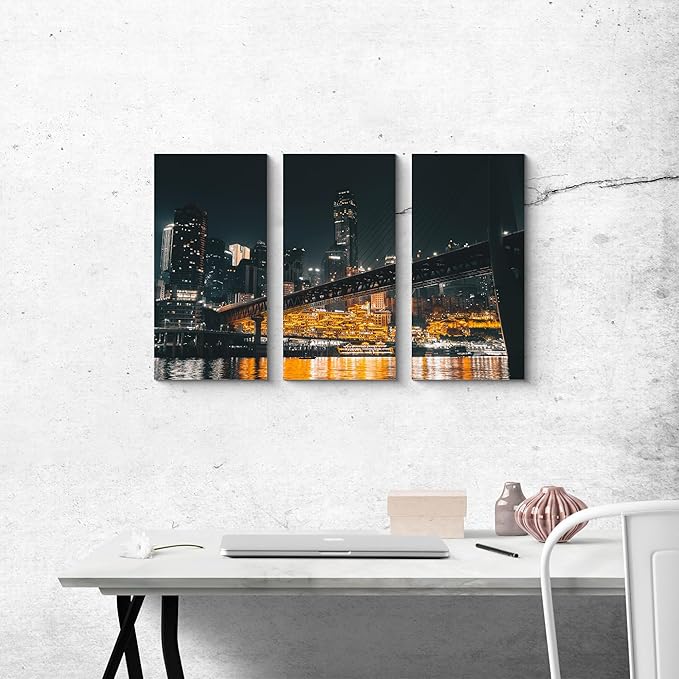 NAN Wind 3PCS Chongqing City Nightscape Canvas Wall Art Illuminated Chinese Skyline with Bridge Skyscrapers Modern Urban Landscape Photography Print for Living Room Office Bedroom Decor