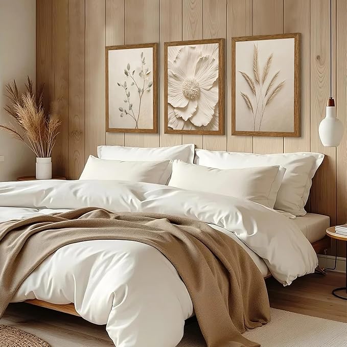 JLTULT 3 Piece Framed Neutral Beige Floral Canvas Wall Art, Modern Simple Texture Blossom Wall Decor, Vintage Botanical Flower Art Prints for Living Room Bedroom Farmhouse 16x24 inch Ready to Hang