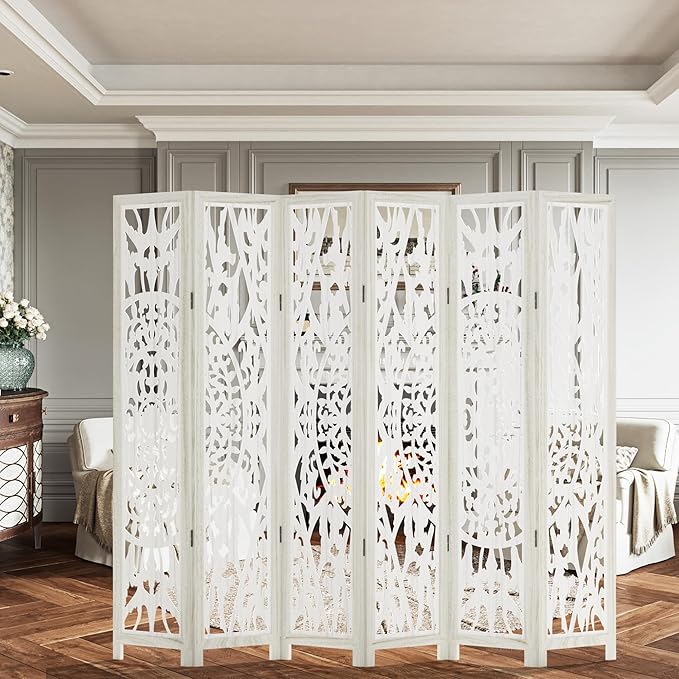 Casaphoria 6 Panels Room Divider, Folding Screen Room Divider with Carved Floral Pattern for Home Office, Restaurant and Bedroom, Paulownia Wood, 95" W x 67" H (White)