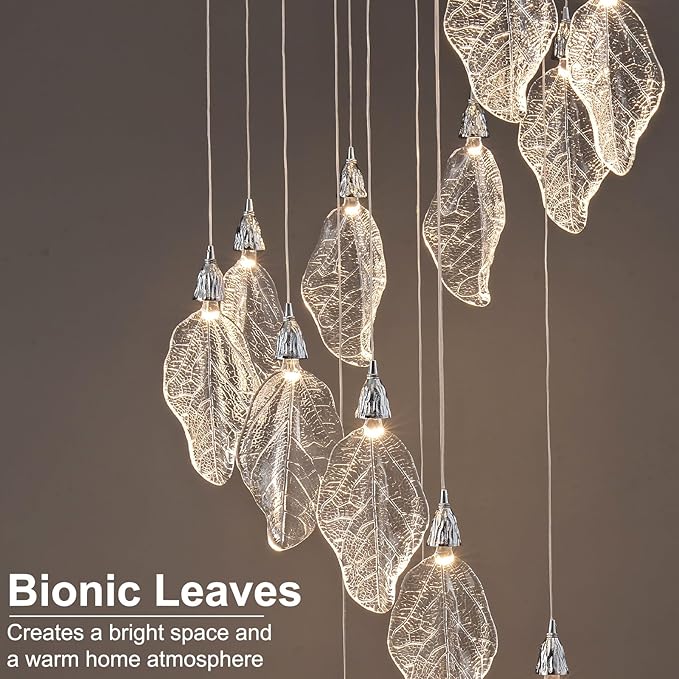 Large Chandeliers for High Ceilings, 20-Lights Modern LED Long Staircase Chandeliers, H78 Bionic Leaf High Ceiling Foyer Chandelier, Big Chandelier Light Fixture for Foyer Entryway-Silver