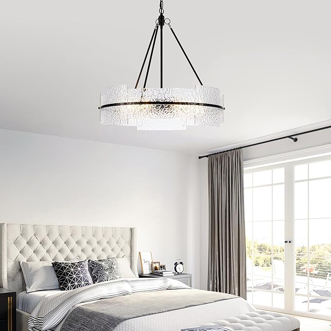 MAYNA Modern Dining Room Chandelier 25.6” Black Textured Glass Chandelier Luxury Drum Crystal Light Fixture Farmhouse Round Hanging Lighting for Dining Room Kitchen Island Living Room Hallway Bedroom