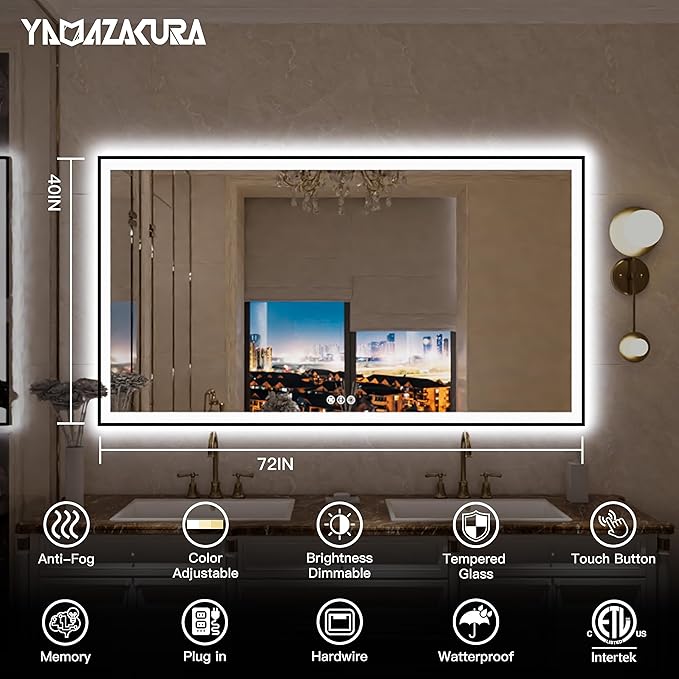 72"x40" Large LED Bathroom Mirror with Backlit and Front Lighted, Framed Dimmable Illuminated Mirror for Wall Anti-Fog Shatterproof (Horizontal/Vertical)
