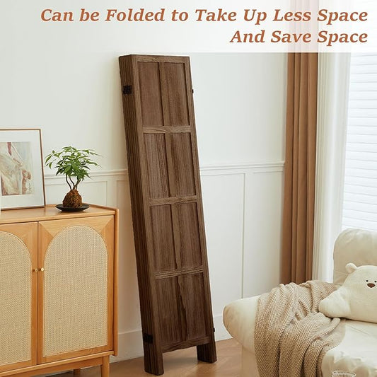 6 Panel Room Divider and Folding Privacy Screen, Classic 5.6Ft Wood Room Divider Wall, Partition Screen Divider for Room Separation for Home Office, Bedroom, Office, Dressing Room, Brown