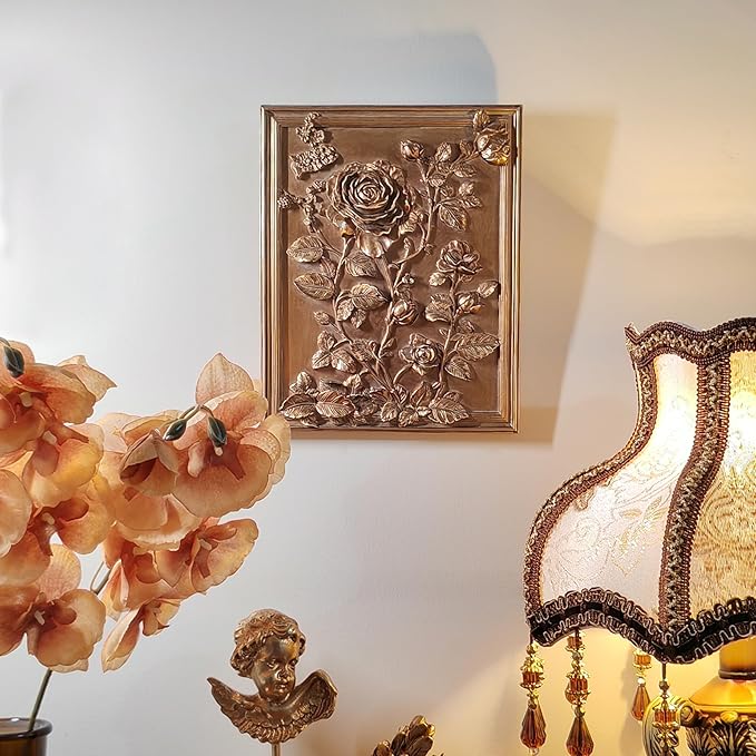 Kangce Vintage Wall Sculpture Home Decor Living Room Antique Hallway Galery Wall Art with Embossed Rose Design Aesthetic Home Decor,Rectangular,Bronze