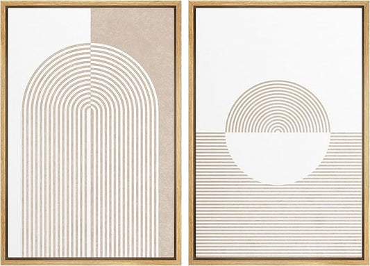 MUDECOR Framed Canvas Print Wall Art Set Pastel Tan Geometric Circle Spirals Abstract Shapes Illustrations Modern Art Decorative Contemporary for Living Room, Bedroom, Office - 24"x36"x2 Natural