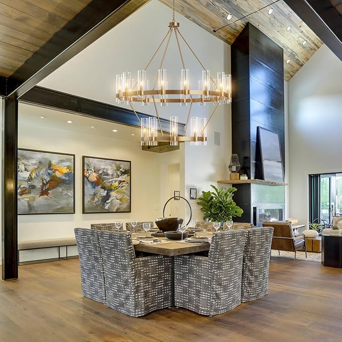 48" Gold Chandelier, 2 Tier Wagon Wheel Chandelier with Glass Shade, 24-Lights Large Round Modern Farmhouse High Ceilings Pendant Lighting Fixture for Dining Room, Living Room, Kitchen, Foyer