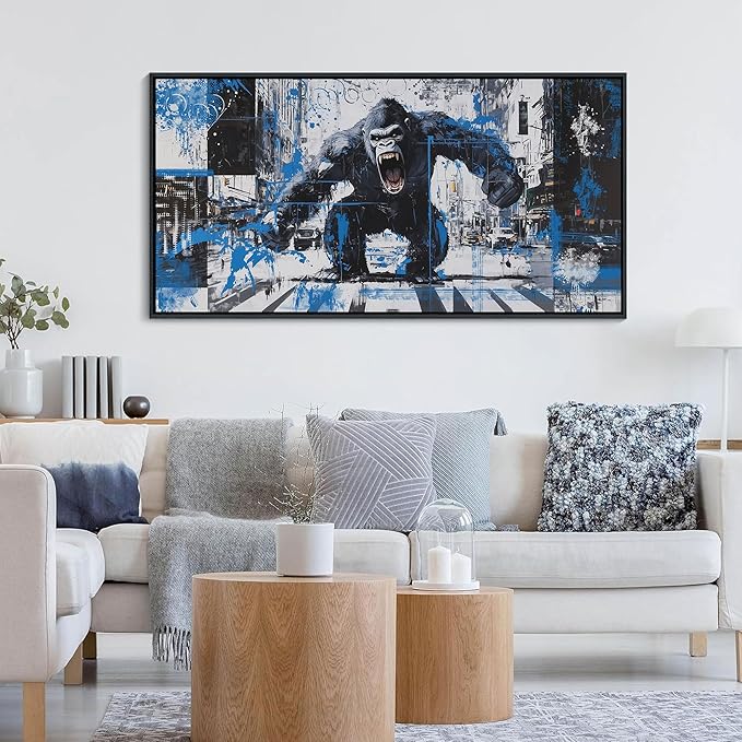JEAWA Bathroom Framed Wall Art, Angry Gorilla Abstract City Street Graffiti Cool Pop Canvas Paintings Black and White Modern Picture for Living Room Bedroom Men Teenage Boy Game Room Decor 20x40 IN