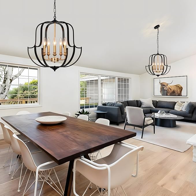 19" Black and Gold Chandelier for Dining Room, 5-Light Rustic Farmhouse Chandeliers Modern Industrial Hanging Pendant Light for Kitchen Entryway Hallway Foyer Living Room