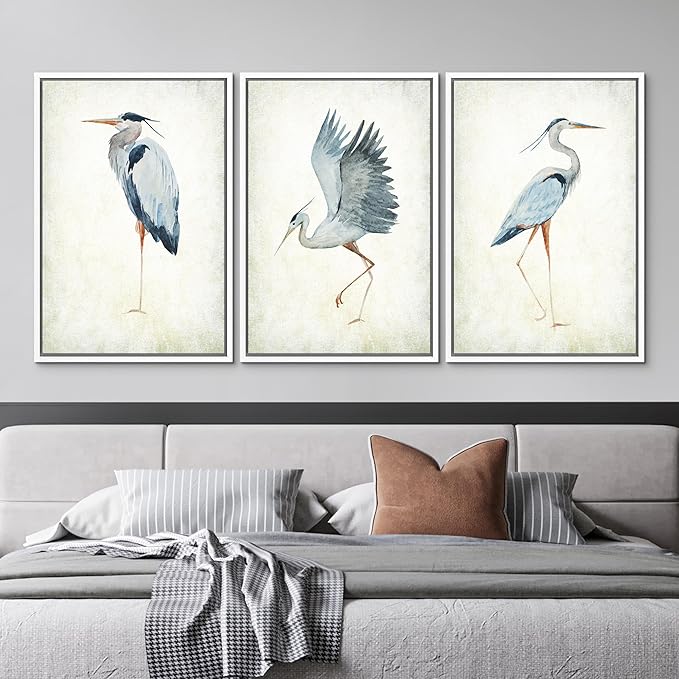 MUDECOR Framed Canvas Print Wall Art Heron Bird Wild Animal Prints Minimalist Modern Art Boho Relax Cozy Decor for Bedroom - 24"x36"x3 White