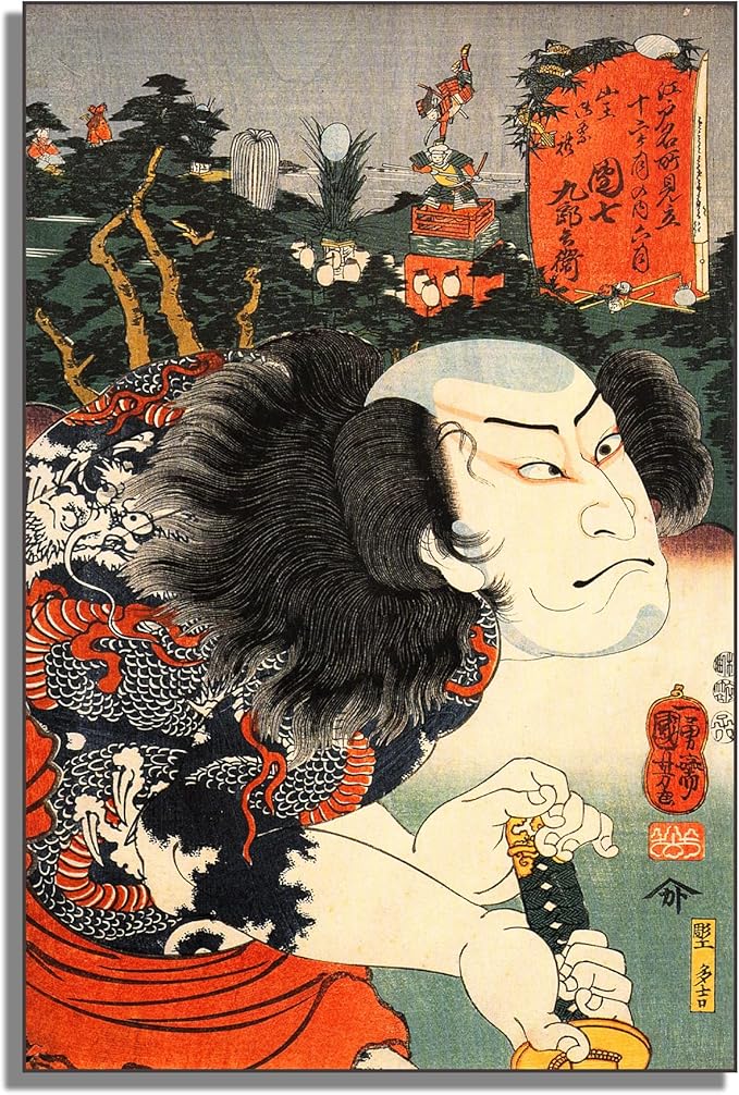 OKRA Utagawa Kuniyoshi Canvas Wall Art Kabuki Actor Nakamura Poses Poster Japanese Ukiyo-E Woodcut Art Animal Nature Landscape Poster Japanese Classic Wall Decor Unframed 12×18in/30×45cm