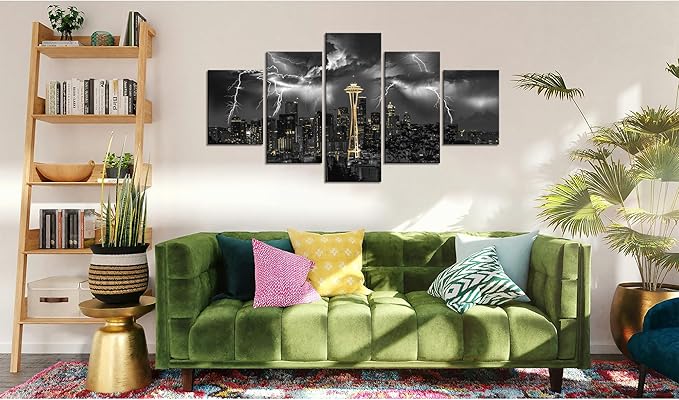 Cawpom Seattle Wall Art Seattle Space Needle Picture Frame Lightning Strikes Storm City Wall Decor Black and White Gold Canvas Print Washington Painting Poster Home Decoration(60x32 inches)