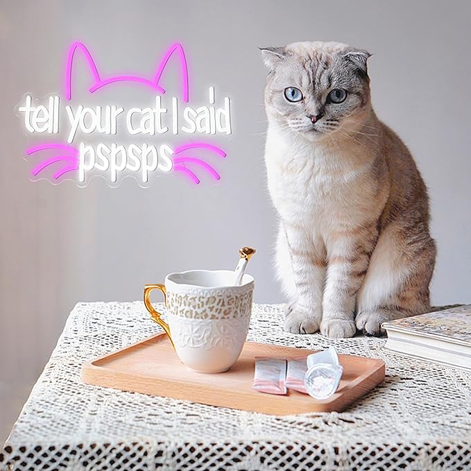 LISIGNVE Cat Neon Sign Tell Your Cat I Said Pspsps Neon Signs for Wall Decor Cartoon Animal Face Led Sign Pspsps Neon Light for Pet Shop Cat Cafe Bedroom Bar Man Cave(16.5”*11.8”)