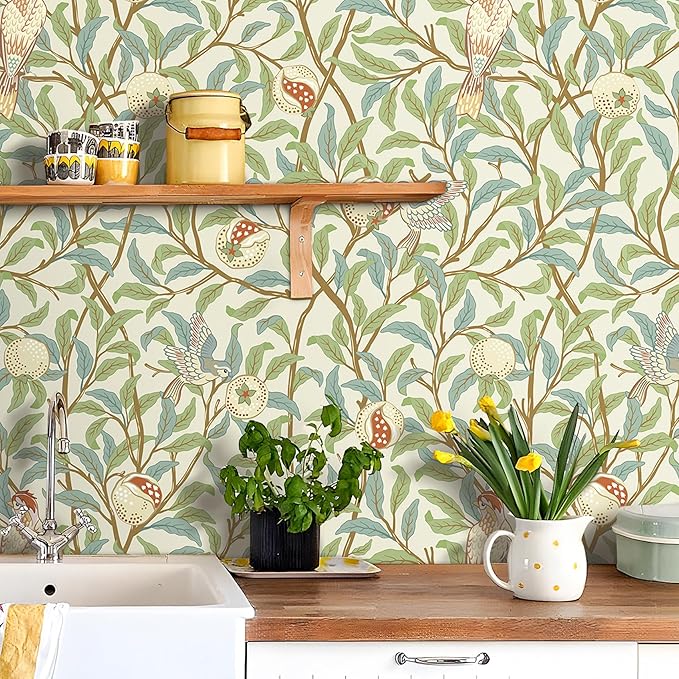 Livelynine Green Wallpaper Peel and Stick Botanical Sage Green Leaves Blue Brown Beige Bird Pomegranate William Morris Willow Bough Prepasted Wallpaper Rolls Vintage Contact Paper Adhesive 17.5x78.8