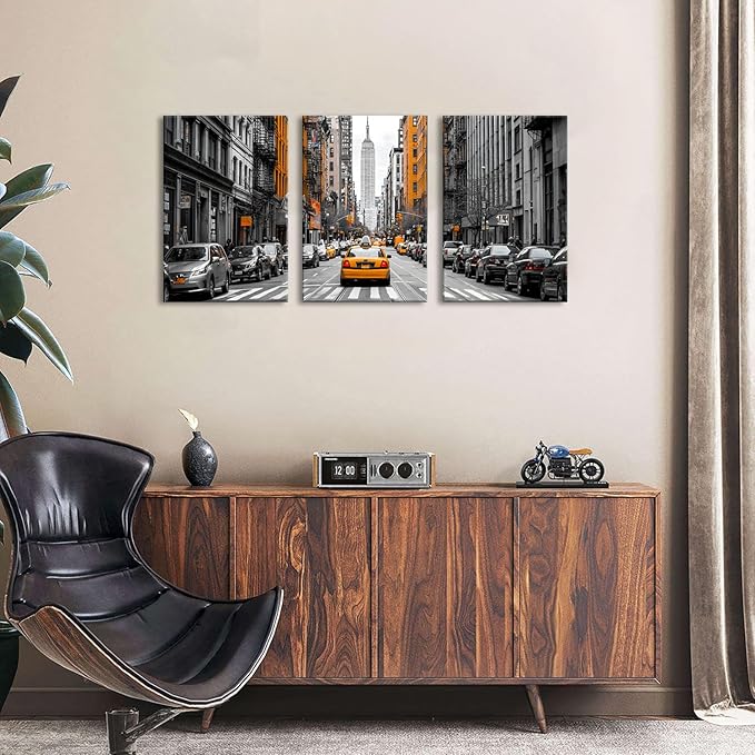 Black and White Canvas Wall Art Framed New York City Wall Decor for Living Room Orange Taxi Photo Print Nyc Urban Skyscraper Picture Car Photography Artwork Bedroom Office Home Decorations 16x24 3pcs