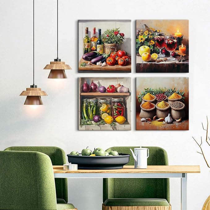 Kitchen Wall Decor Mason Jar Wall Art Spices Food Canvas Prints Kitchen Ingridients Picture Rustic Still Life Painting Vintage Healthy Vegetables Poster Artwork Dining Room Home Decoration 16x16" 4Pcs