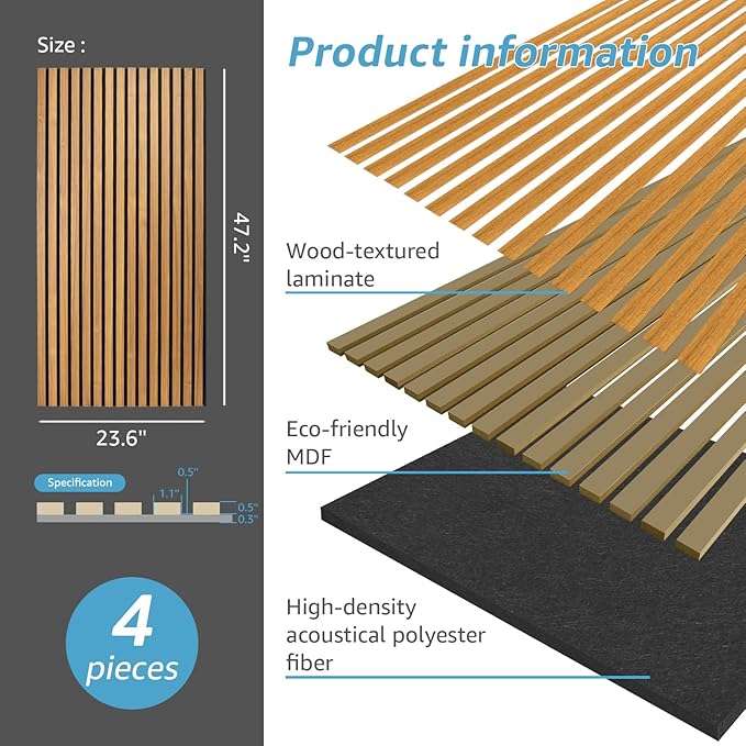 Art3d 4 Pack 47.2 x 23.6in. Wood Slat Acoustic Panels for Wall and Ceiling - 3D Fluted Sound Absorbing Panel with Wood Finish - Teak