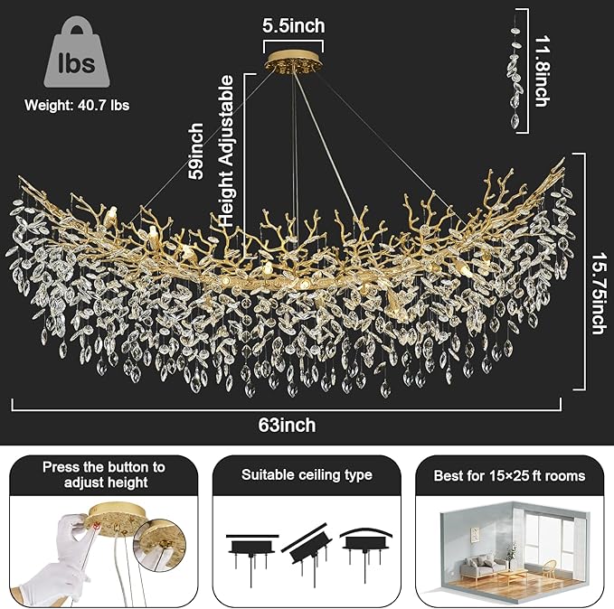 Modern Crystal Chandelier, 63" Large Rectangular Chandeliers for Dining Room, Gold Chandelier Light Fixture Raindrop FoyerChandelier Tree Branch Chandeliers for Living Room