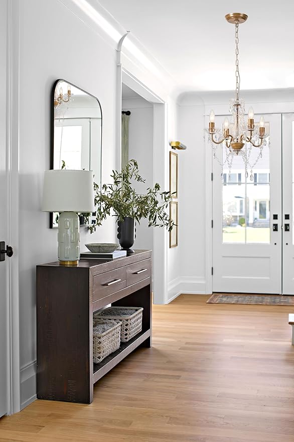 LaLuLa Wood Color Chandelier Mini Crystal Chandeliers Lighting with Acrylic Crystals 4 Lights Antique Farmhouse Light Fixtures for Dining Room