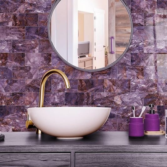 64-Pack Peel and Stick Backsplash Marble Wall Tiles, Waterproof 4" x 8" Glossy Imitation Fantasy Purple Marble, PVC Shower Wall Panels for Interior Wall Decor; Tile for Kitchen, Bathroom & Fireplace
