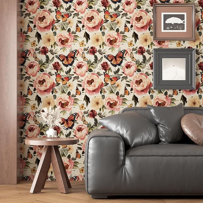 Beige Floral Wallpaper Vintage Butterfly Contact Paper Boho Leaf Wall Paper for Bathroom Shelf Liner Drawer Backsplash Retro Removable Waterproof Peel Stick 17.5 x 118In