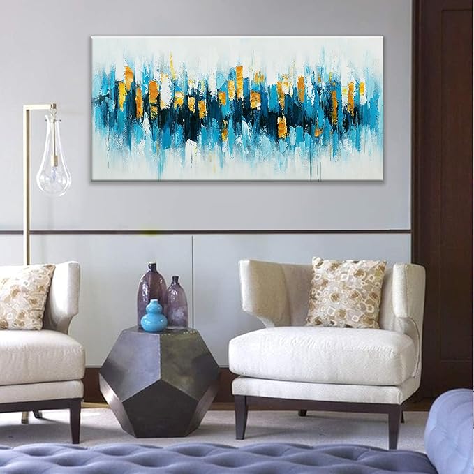 Blue Abstract Wall Art Living Room Abstract Painting Wall Decor Modern 24"X 48" Canvas Art Wall Decor Blue Gold Wall Art Canvas Prints Artwork Pictures For Bedroom Kitchen Artwork