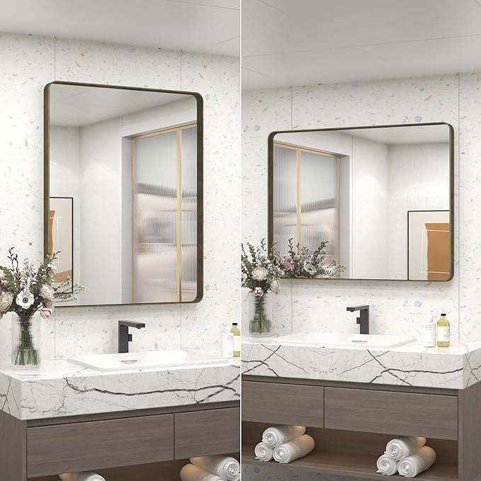 48x40 Bronze Bathroom Mirror, Brushed Bronze Metal Frame Mirrors for Wall, Rounded Rectangle Bronze Mirror for Vanity,Farmhouse, Bedroom, Anti-Rust (Horizontal/Vertical)